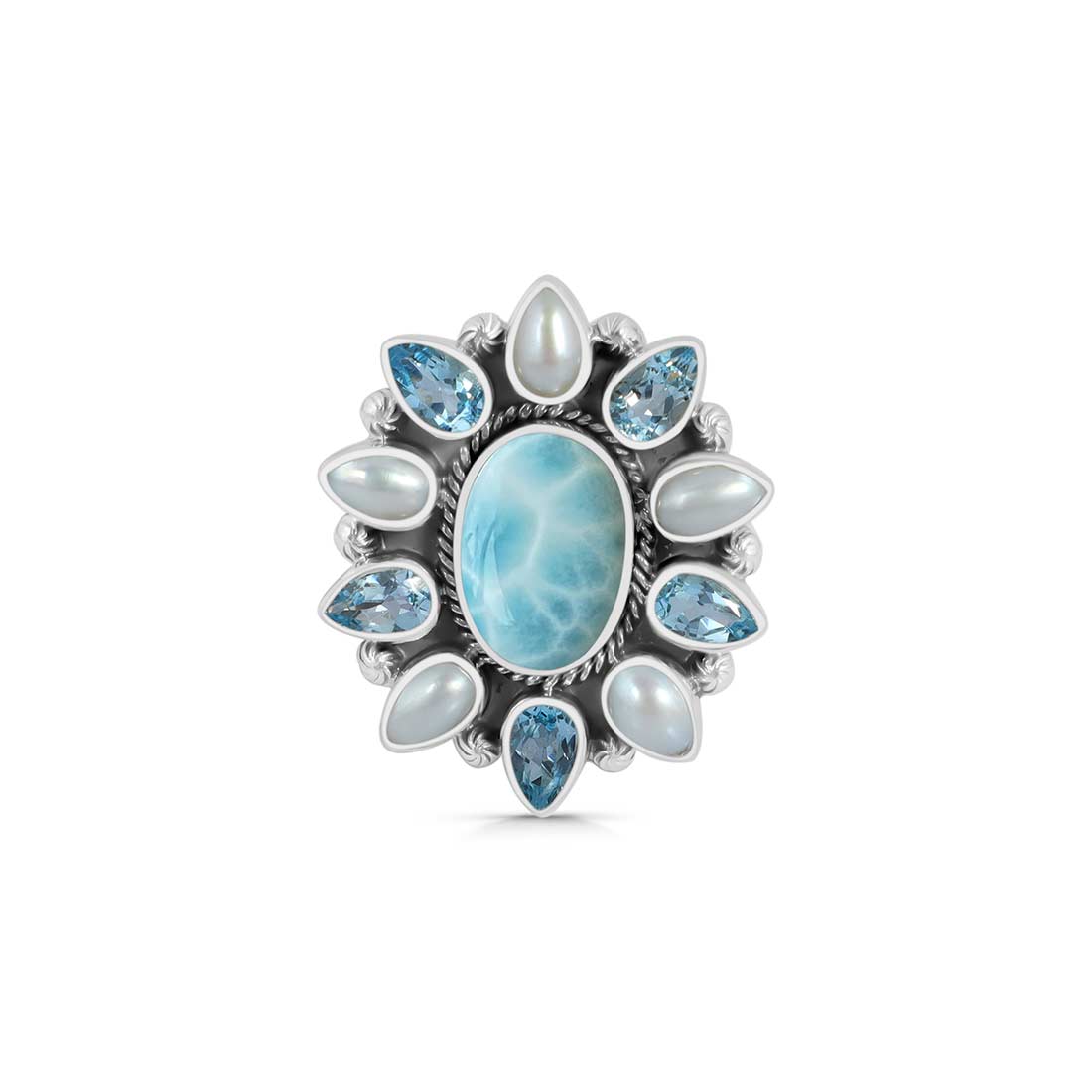 Larimar, Pearl And Blue Topaz Flower Statement Adjustable Ring-(LAR-FLR-2.)